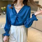 Long-sleeve Twisted V-neck Blouse