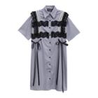 Short-sleeve Lace Trim Shirt Dress Gray - One Size