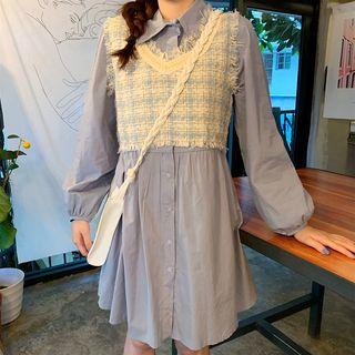 Tweed Fringed Cropped Vest / Balloon-sleeve Shirtdress