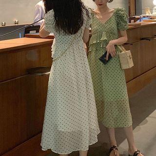 Puff-sleeve Polka Dot Ruffled Dress