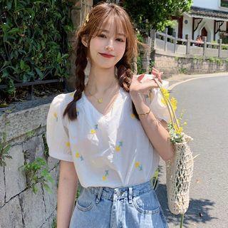 Floral Embroidered Puff-sleeve Mini A-line Dress / Short-sleeve Blouse