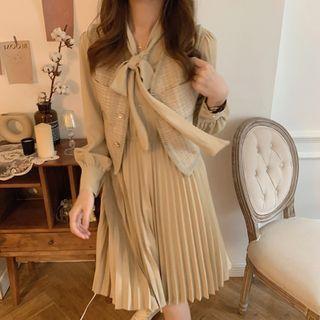 Lace-up Pleated A-line Dress / V-neck Button-up Cropped Vest