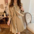 Lace-up Pleated A-line Dress / V-neck Button-up Cropped Vest