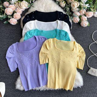 Square-neck Faux Pearl Puff-sleeve Knit Top