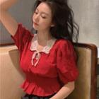 Collared Faux Pearl Puff-sleeve Blouse