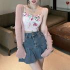 Floral Print Crop Camisole Top / Pleated A-line Denim Skirt / Cardigan