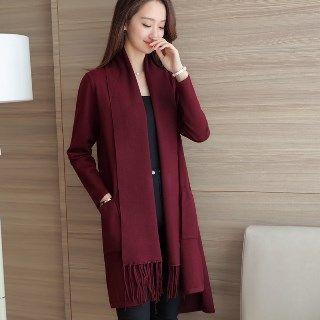 Fringe-trim Plain Long Knit Cardigan