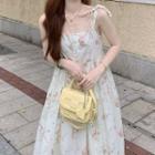 Spaghetti Strap Floral Print Midi A-line Dress Floral - Pink & White - One Size