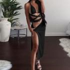 Set: Halter-neck Strappy Top + Midi Slit A-line Skirt