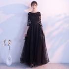 3/4 Sleeve Lace Panel A-line Evening Gown
