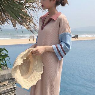 Color Panel 3/4 Sleeve Collared Midi Dress