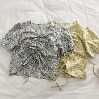 Short-sleeve V-neck Drawstring Floral Blouse