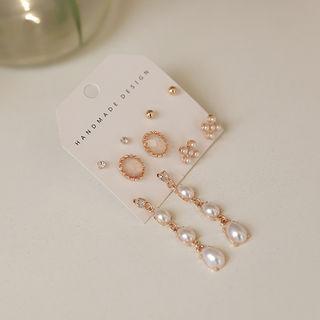 Set Of 3: Rhinestone Faux-pearl Earrings Gold - One Size