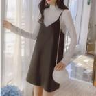 Set: Mock-neck Long-sleeve T-shirt + Faux-leather Pinafore Dress
