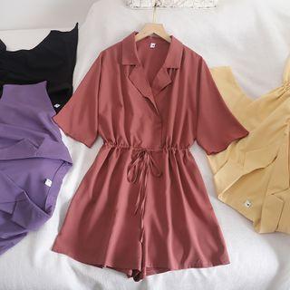 Drawstring Waist Lapel Collar Playsuit