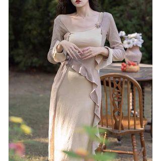 Long-sleeve Mock Two-piece Ruffle Midi Sheath Dress