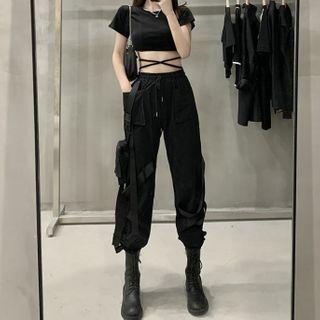 Set: Plain Cropped T-shirt + Cargo Pants