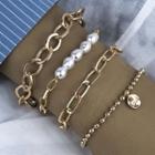 Set Of 3 : Faux Pearl / Alloy Bracelet (assorted Designs) Ab289 - Gold - One Size