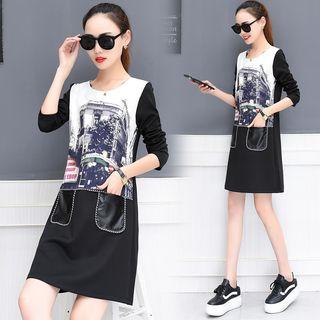 Long-sleeve Printed Pocket-accent Dress