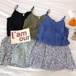 Set:plain Single-breasted Camisole Top + Floral Lace-up High-waist Skirt
