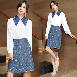 Set: Collared Blouse + Denim Skirt