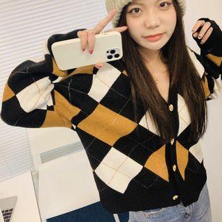 Long-sleeve Color Block Argyle Knit Cardigan Black - One Size