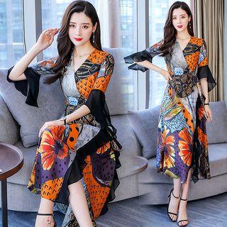 Bell Sleeve V-neck Print A-line Dress