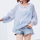 Flower Embroidered Plaid 3/4 Sleeve Top