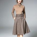 Set: Color Panel Turtleneck Long Sleeve Top + Patterned Midi Skirt