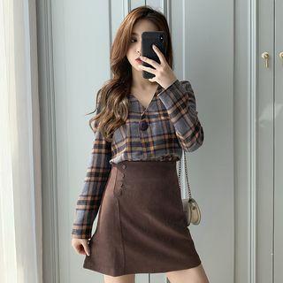 Set: Long-sleeve Plaid Top + Mini A-line Skirt