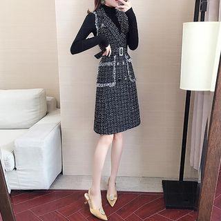 Set: Long-sleeve Knit Top + Tweed A-line Dress