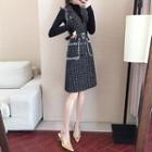 Set: Long-sleeve Knit Top + Tweed A-line Dress