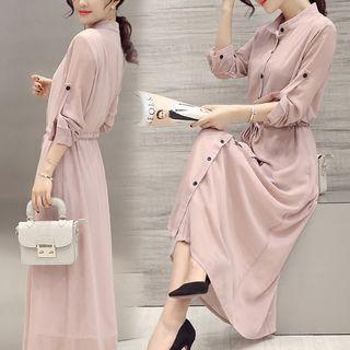 Drawstring Long-sleeve Midi A-line Dress