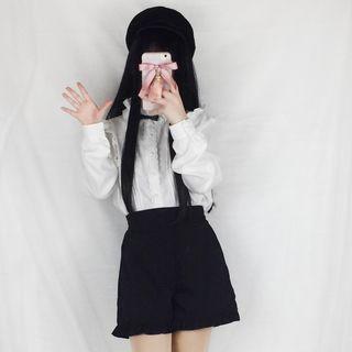 High Waist Shorts / Striped Double-breasted Jacket / Ruffle Trim Blouse / Set