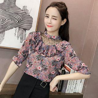 Mesh Panel Printed Elbow-sleeve Top