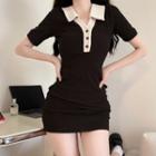 Short-sleeve Color Block Bodycon Knit Collar Dress