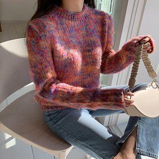 Crew-neck Melange Knit Top Pink - One Size