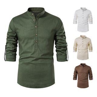 Rolled-sleeve Linen Henley Top
