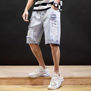 Lettering Distressed Denim Straight-cut Shorts