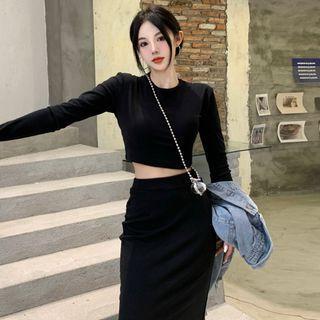 Set: Long-sleeve Cropped Knit Top + Knit Midi Pencil Skirt