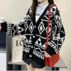 V-neck Argyle Geometric Loose Fit Cardigan