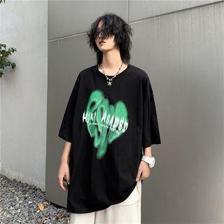 Short-sleeve Lettering Heart Print Oversized T-shirt