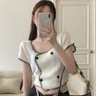 Short-sleeve Double-breasted Knit Top White - One Size