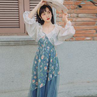 Set: Spaghetti Strap Floral Midi A-line Dress + Cropped Tie-front Jacket