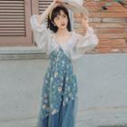 Set: Spaghetti Strap Floral Midi A-line Dress + Cropped Tie-front Jacket