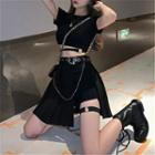 Short-sleeve Cropped T-shirt / High Waist Shorts / Pleated Skirt / Belt / Set
