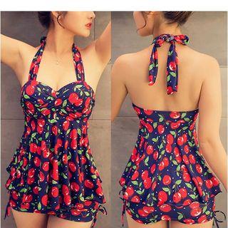 Set: Cherry Print Halter Tankini + Swimshorts