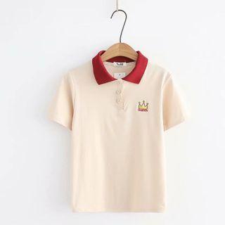 Short-sleeve Crown Embroidered Collared T-shirt
