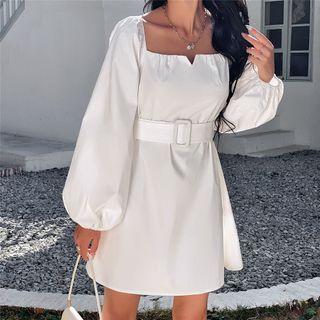 Puff Sleeve Square-neck Tie-waist A-line Dress