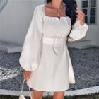 Puff Sleeve Square-neck Tie-waist A-line Dress